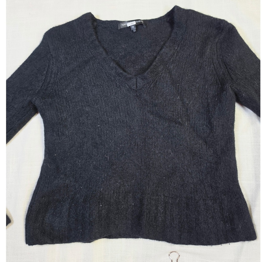 Naked Cashmere Womens V-Neck Long Sleeve Sweater Black Ribbed Knit M